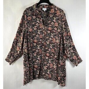 J Jill Button Down Shirt Womens 3X Tunic Dark Floral Paisley Office Work Classic